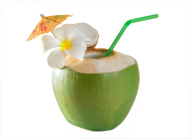 A coconut drink with a little umbrella in it.